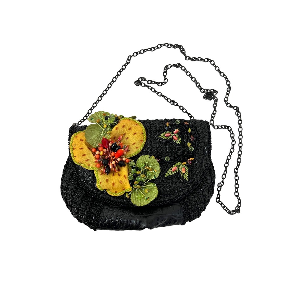 Mary Frances Crossbody Bag Women Small Black Excellent Beaded Floral Woven